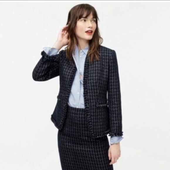 NWT J.Crew Going Out Shadow Houndstooth Blue Black Fringe Wool Blazer Jacket